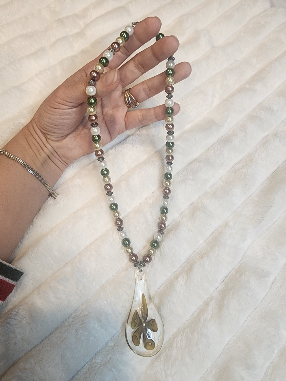 Art Glass Floral Teardrop Pendant Faux Pearl Beaded Necklace Green Bronze
